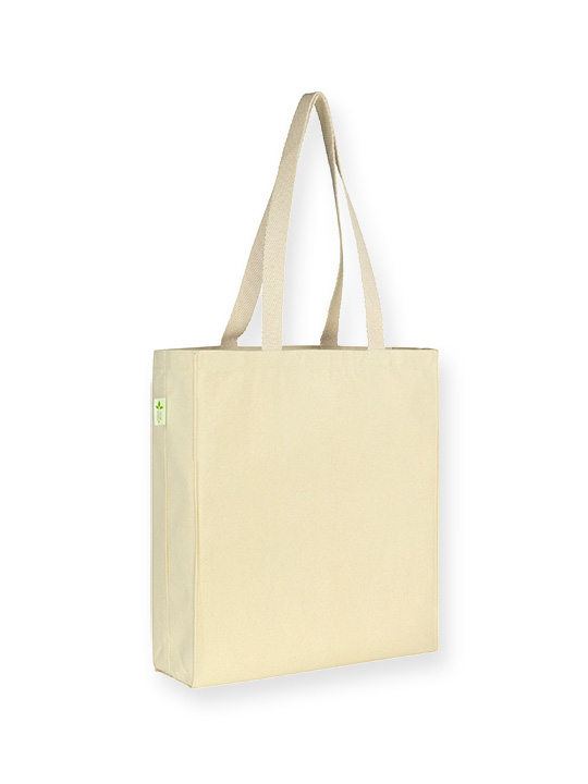 8oz Premium Recycled Cotton Canvas Tote with natural coloured webbed handles and gusset