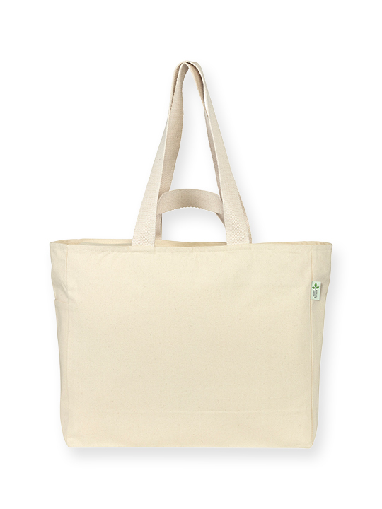 Recycled Cotton Canvas Tote Bag with Zipped Top and Side Pocket